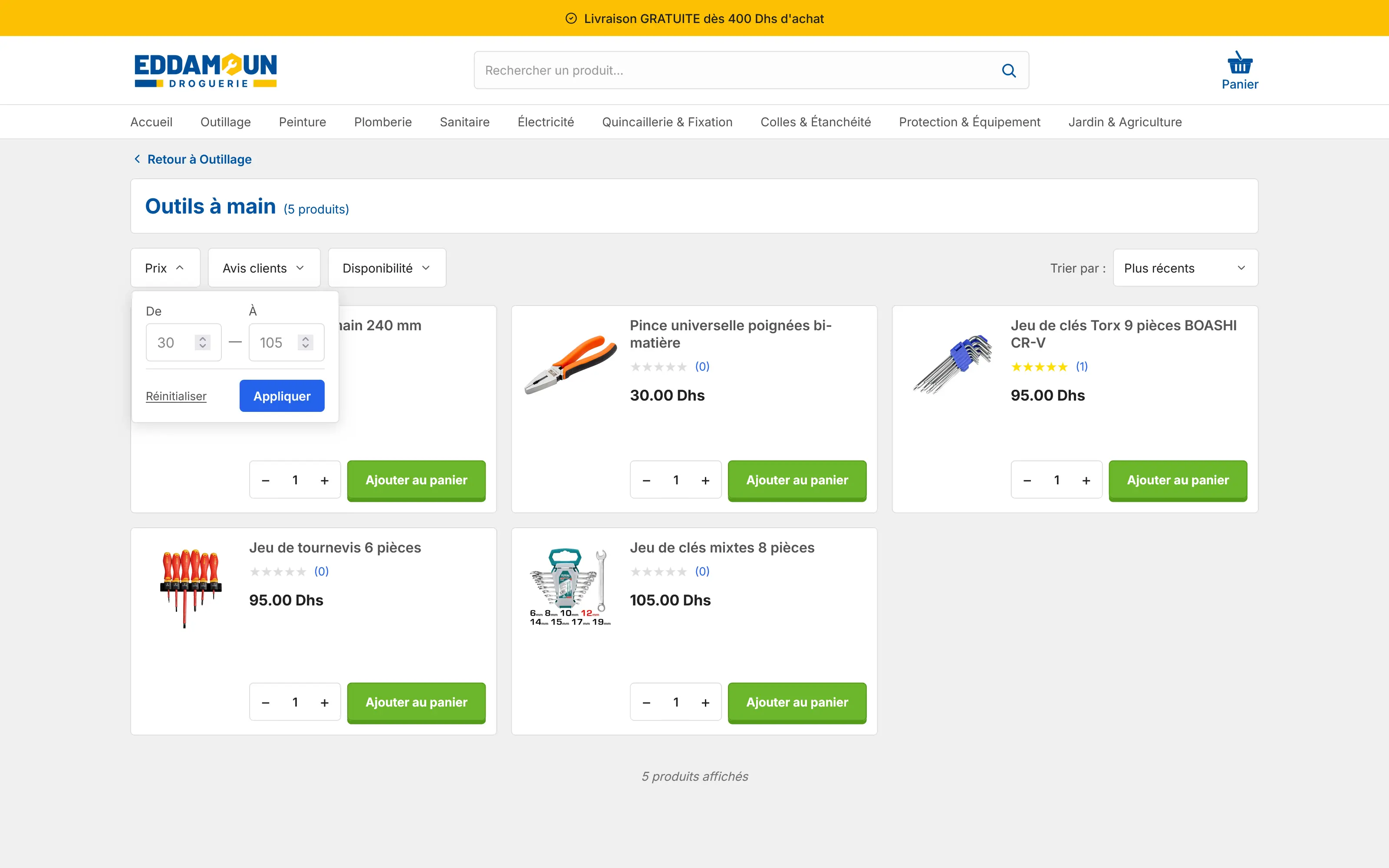 A product listing page with the filters open
