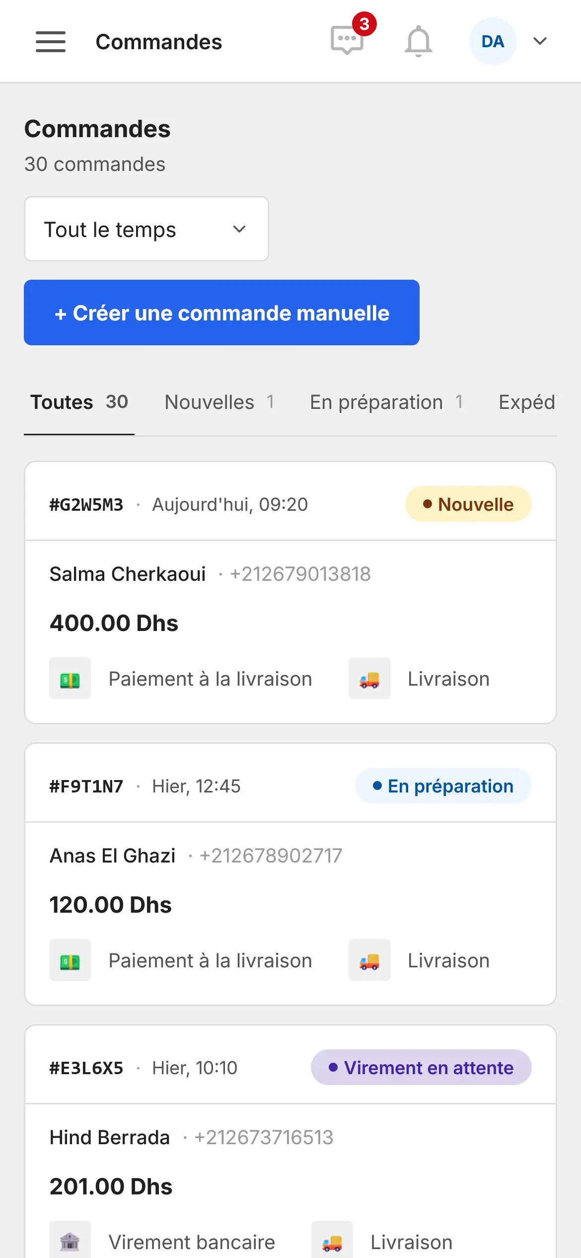 The orders page of the dashboard on a phone