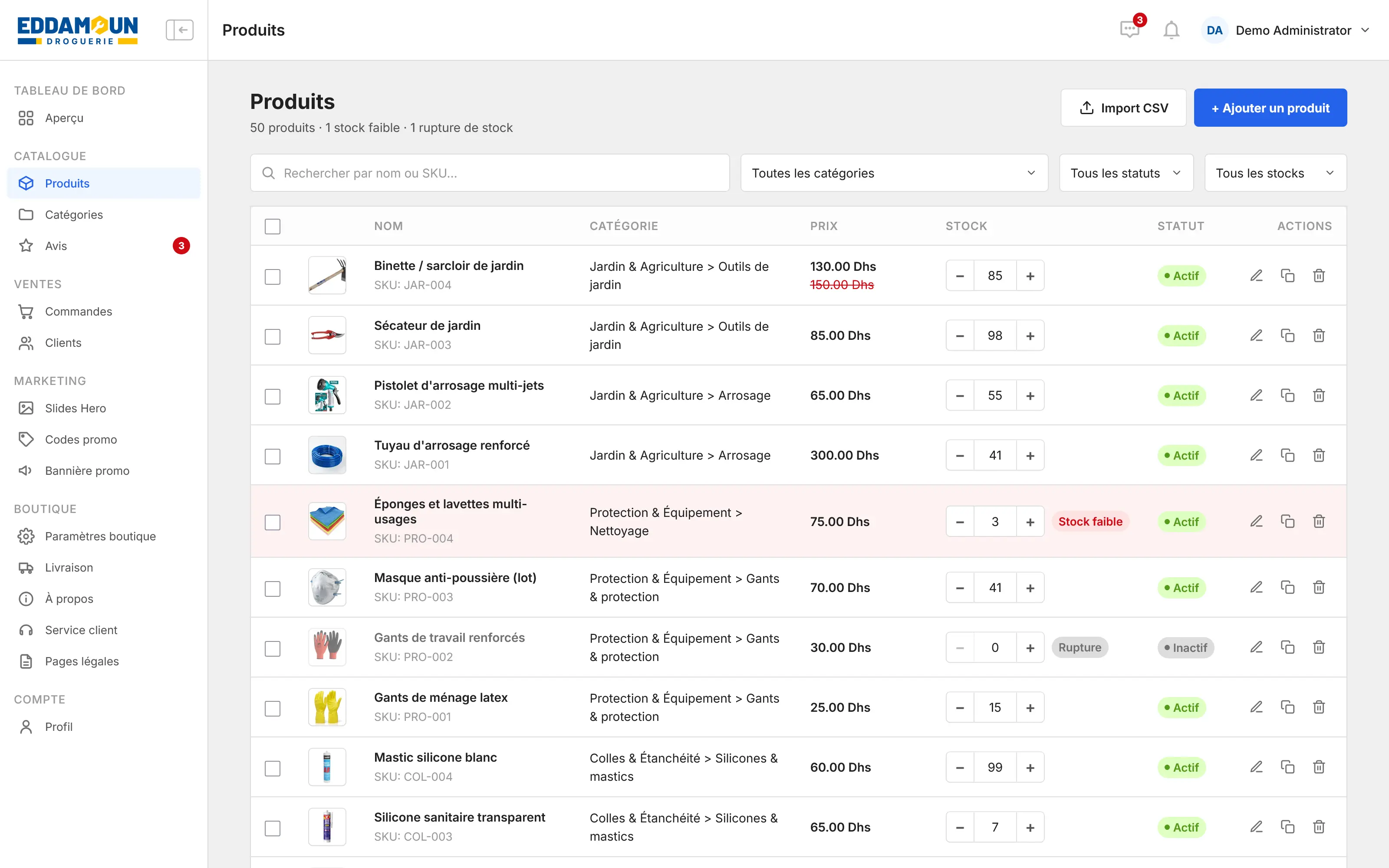 The products page of the dashboard showing stock levels